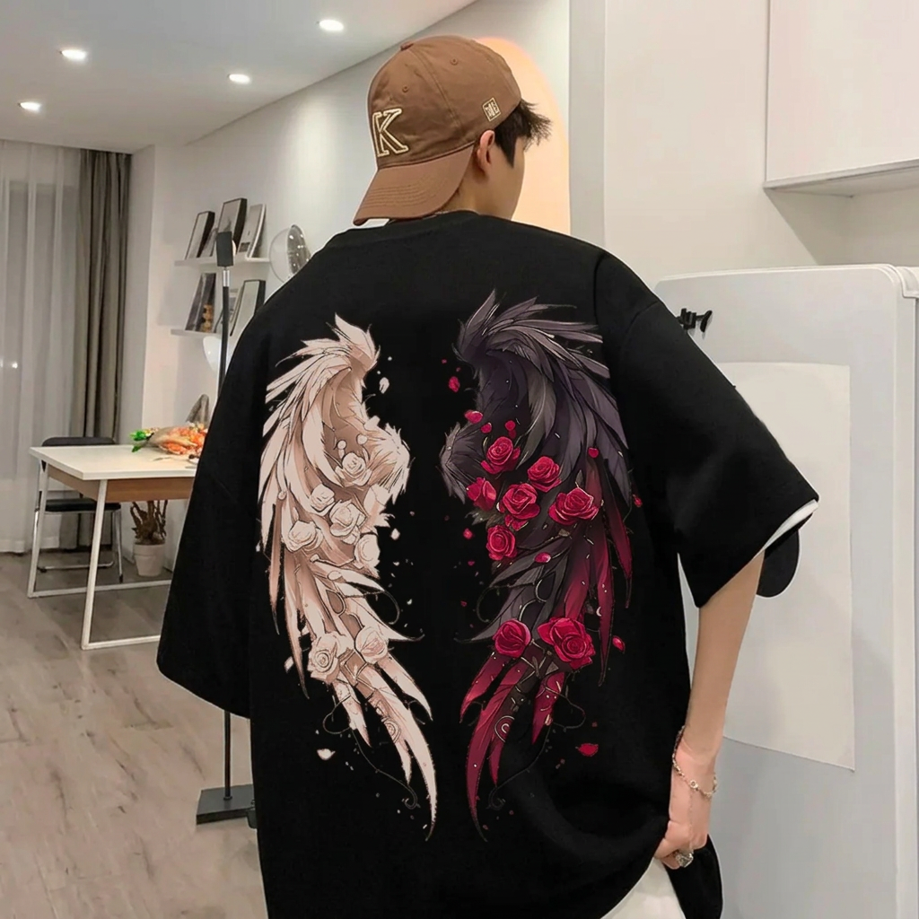 Angel/devil printed drop shoulder tshirt for men soft and comfortable febric