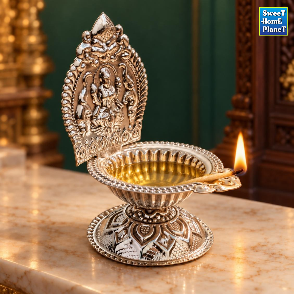 Lakshmi Oil Lamp Diya German Silver-Tone Hindu Pooja Vilakku with Goddess Design for Prayer Room Temple Altar & Deepavali Decoration