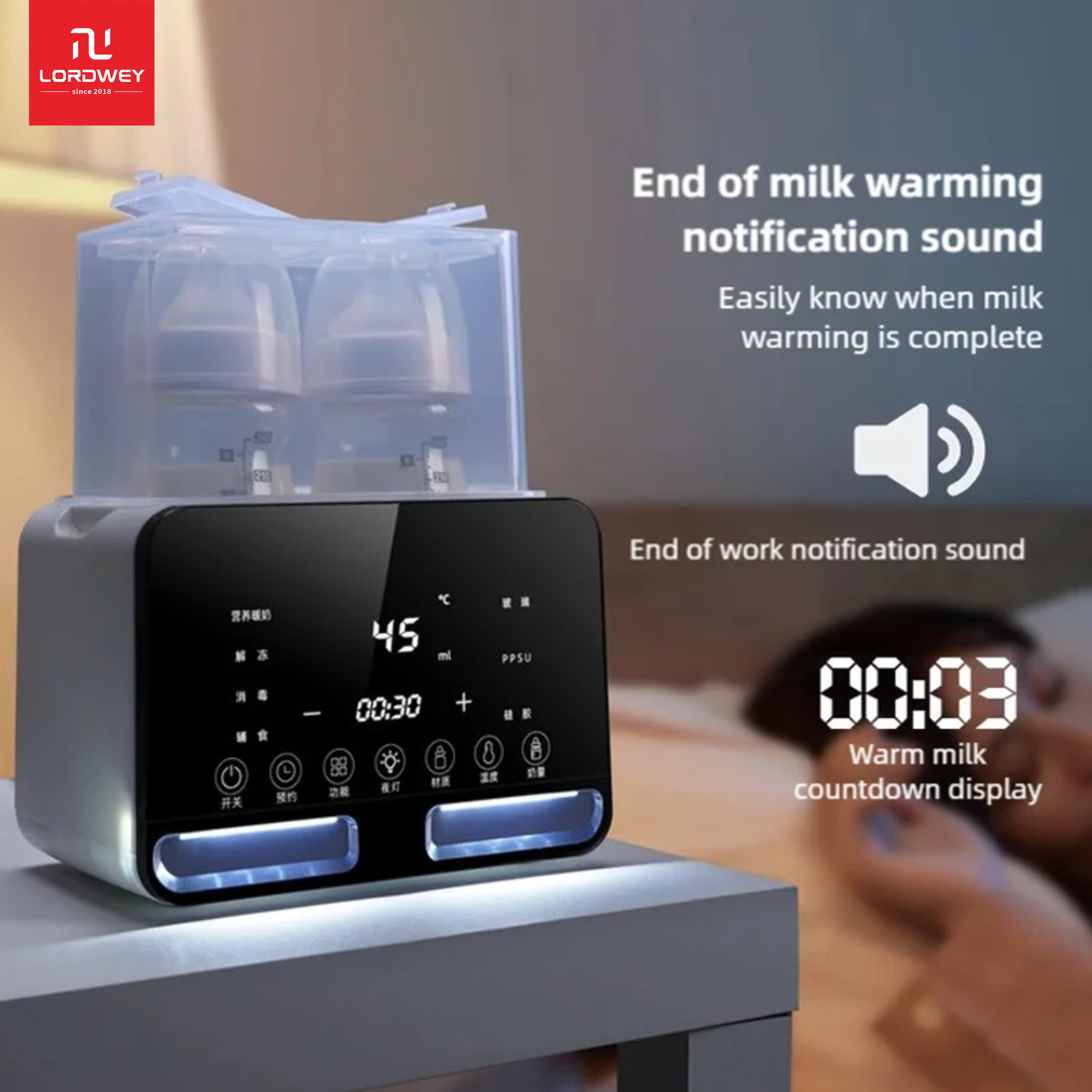 Lordwey Multifuntion vú Máy hâm sữa cho trẻ sơ sinh hai chai nóng tiệt trùng rã đông kiểm soát nhiệt độ chính xác
