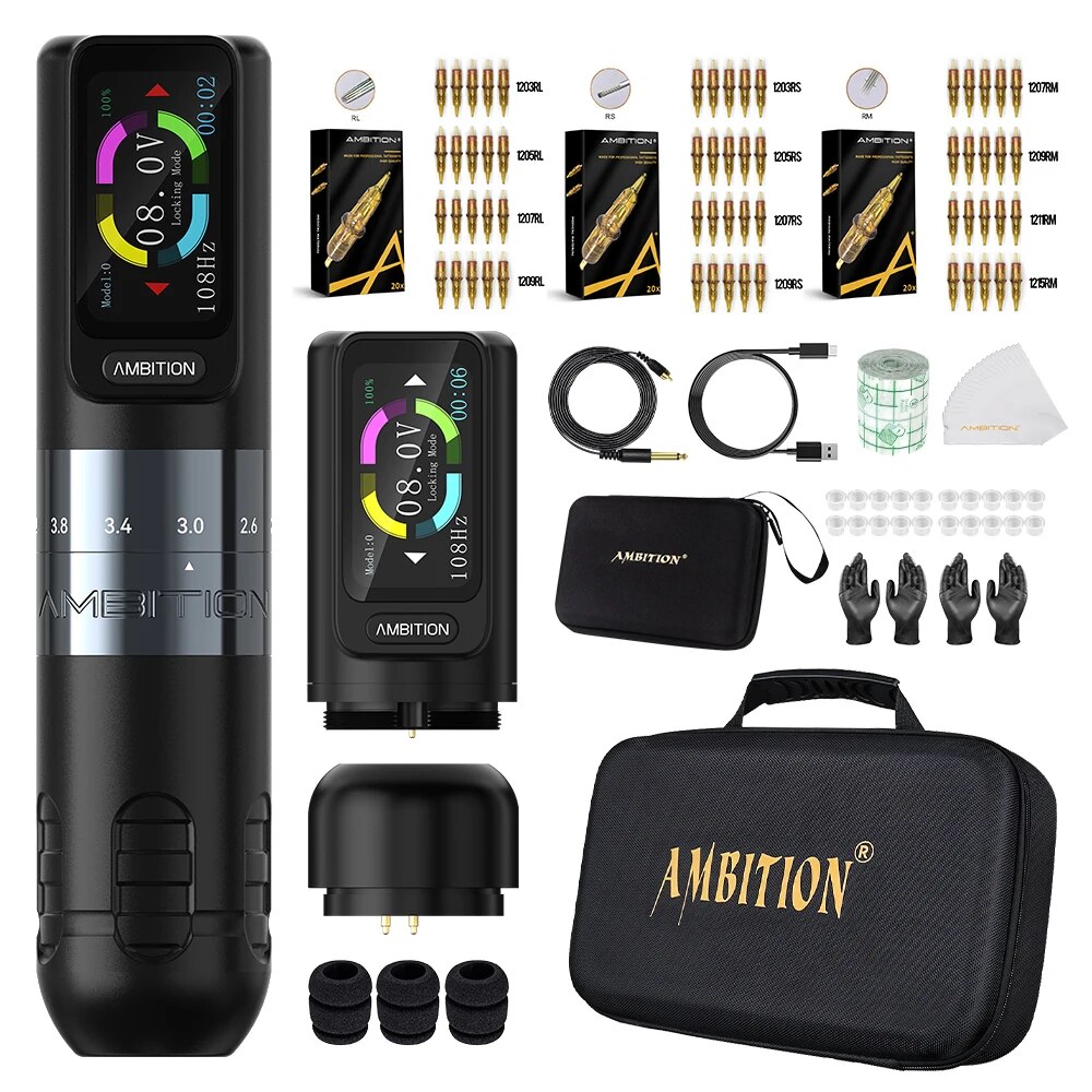 Ambition Seher Wireless Tattoo Machine Pen Kit 2.2-4.2mm Adjustable Stroke 2400mAh Capacity Battery 