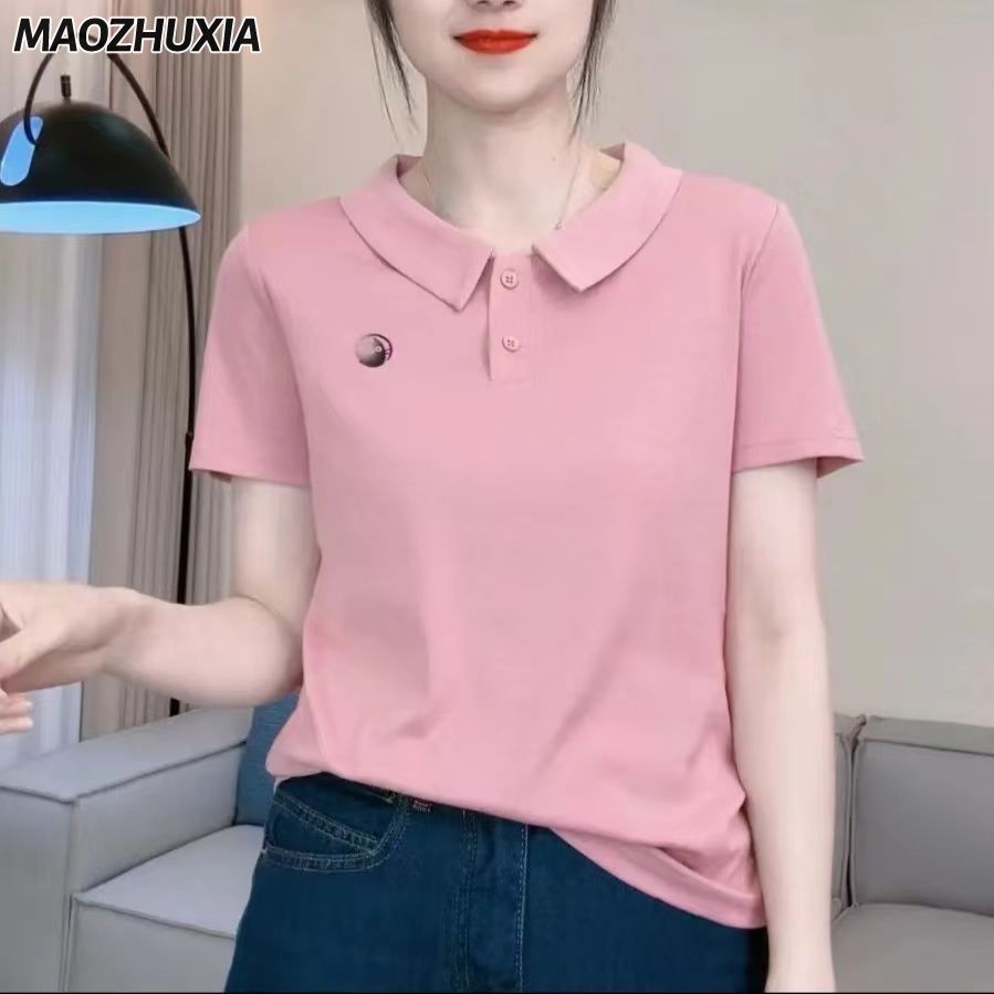 Maozhuxia Áo Cho Phụ Nữ 2024 Mới Của Mẹ Mặc Bé Cổ Áo T-Shirt màu trơn Ngắn Tay Thời Trang Áo Polo Giản Dị