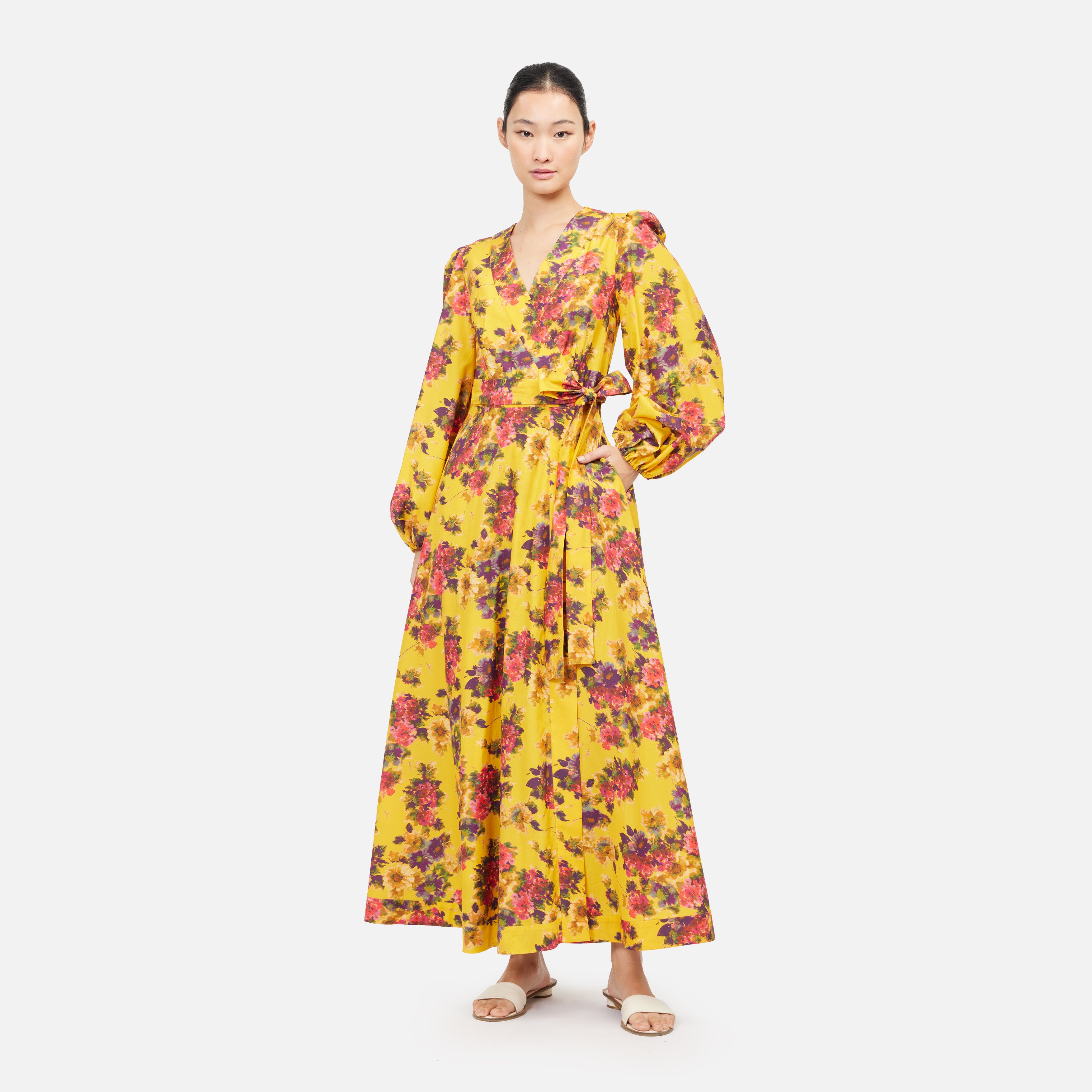 Floral Cotton Silk Belted Wrap Maxi Dress - Yellow ราคา 7,950 บาท*ส่งฟรี