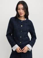 [Pomelo] เสื้อแจ็คเก็ตทวีดคอกลมแขนยาวกระดุมทองแต่งกระเป๋าหลอกและปลายแขนเสื้อเชิ้ตลายทาง
