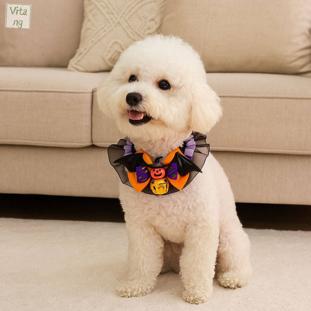 VITANG Mềm mại Cổ áo mèo Halloween Ren với Bell Cà vạt nơ cosplay mèo Phụ kiện cho chó Có thể điều chỉnh Cổ áo nơ bí ngô cho chó Tiệc cosplay