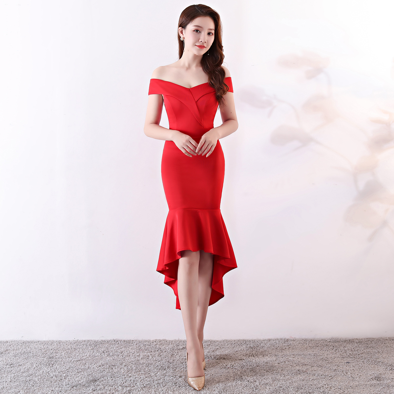 [Mondresses] Trang Phục Nâng Ly, Váy Cưới Đuôi Cá Kiểu Mới Cho Cô Dâu, Váy Dạ Hội Gợi Cảm Màu Đỏ Trễ Vai Dáng Dài Vừa Mùa Xuân