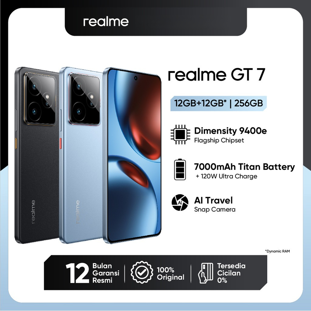 Realme GT 7 [12GB+12GB|256GB] Dimensity 9400e Flagship Chipset | 7000mAh Ttan Battery + 120W Ultra Charge Harga 8,699,000 rupiah*Gratis Ongkir