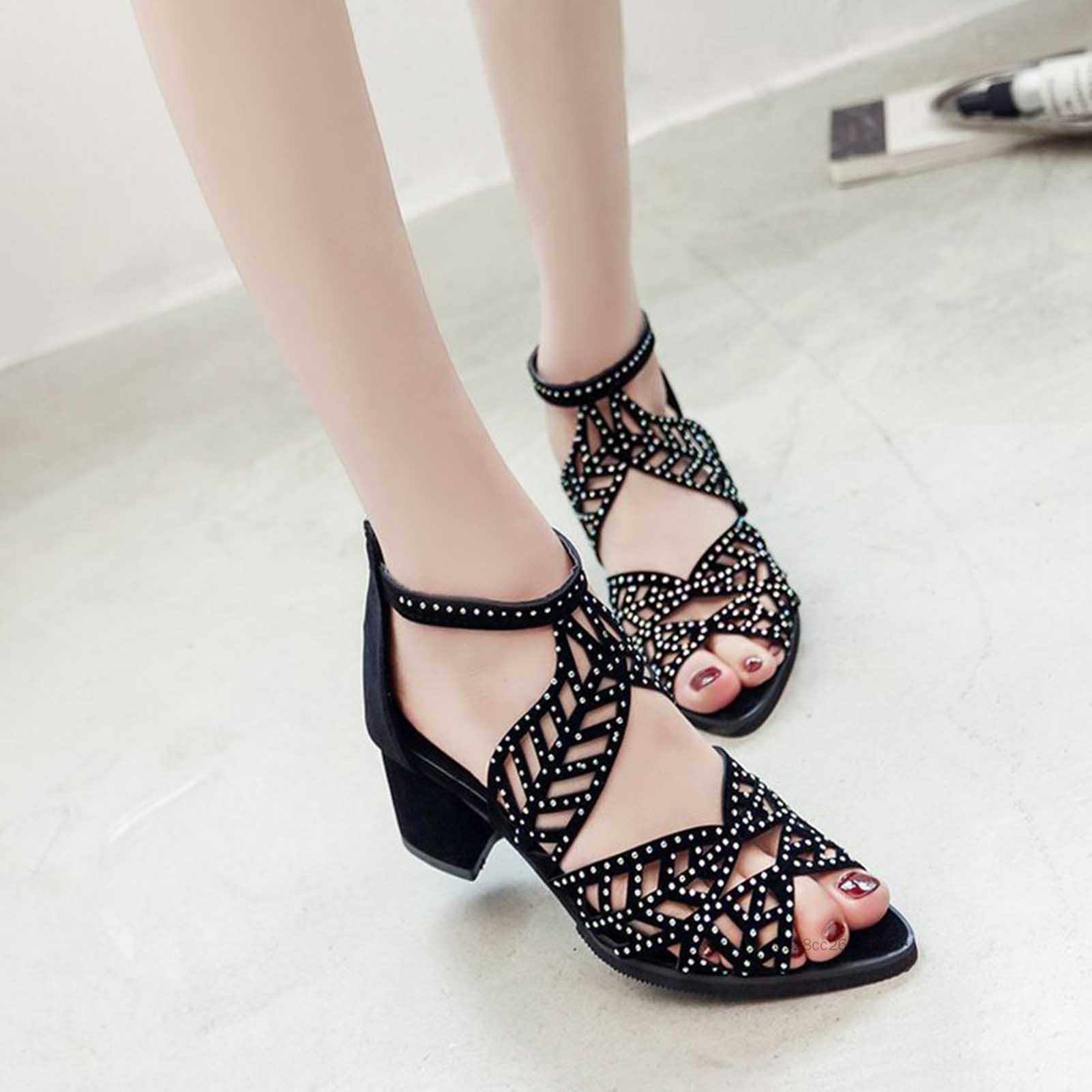 Thời trang Kim cương giả kiểu lá rỗng Dép nữ dây kéo sau Giày cao gót giữa ON-VN