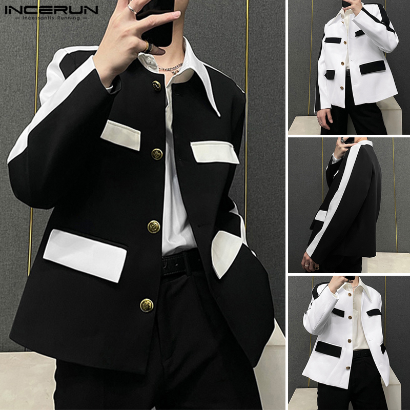ChArmkpR Store nam hiệu incerun màu tương phản Tay áo dài không cổ áo khoác áo khoác nút lên giản dị (phong cách Hàn Quốc)