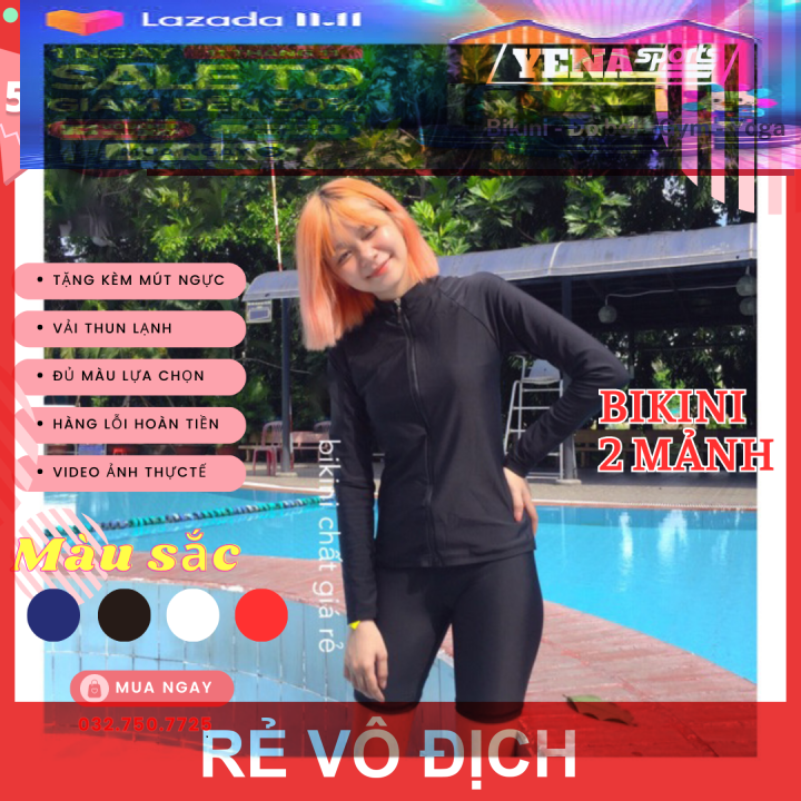[FREESHIP + HOÀN TIỀN 50K] Đồ bơi nữ 2 mảnh tay dài quần lửng kín đáo bikini đi biển đi bơi thun lạnh áo tay dài dây kéo quần dài che khuyết điểm | DBN006