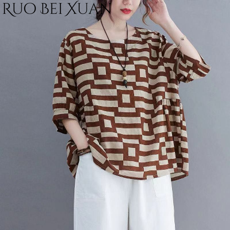 Ruo Bei Xuan Women's Summer Casual Loose Fit Geometric Print Short Sleeve T-Shirt ราคา 136 บาท*ส่งฟรี