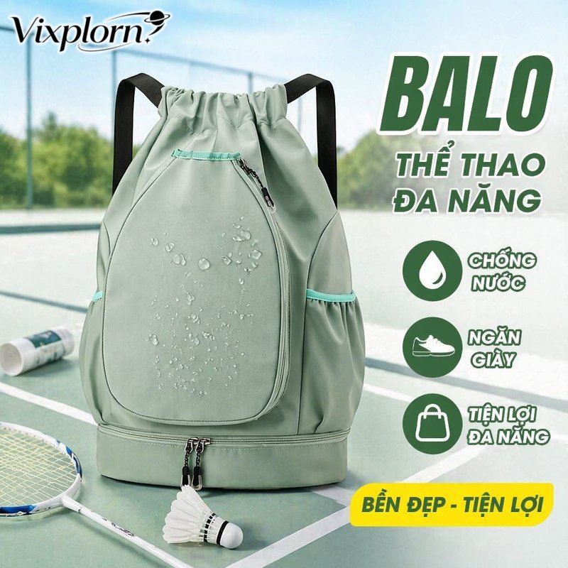 Vixplorn Balo thể thao dây rút chống nước nhiều ngăn ngăn giày riêng túi chống mùi quai đeo điều chỉnh cầu lông tennis gym
