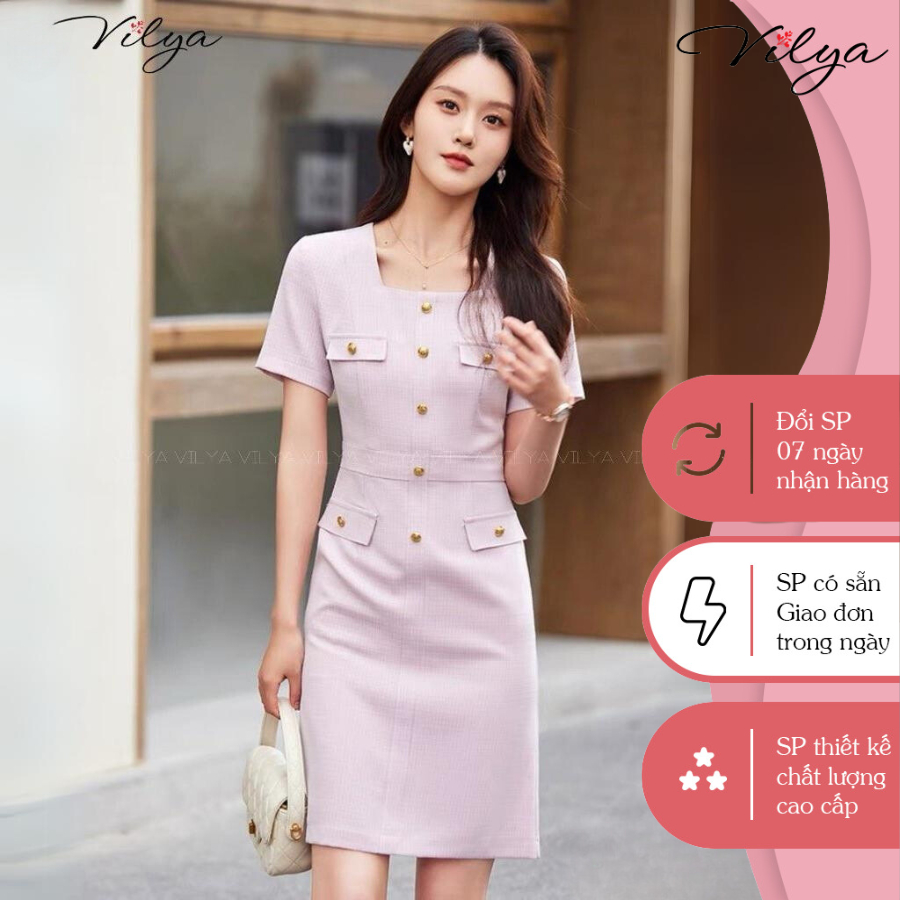 Đầm/Váy công sở thiết kế hồng pastel dự tiệc cổ vuông tôn dáng VILYA chất liệu kate cao cấp VD23-134