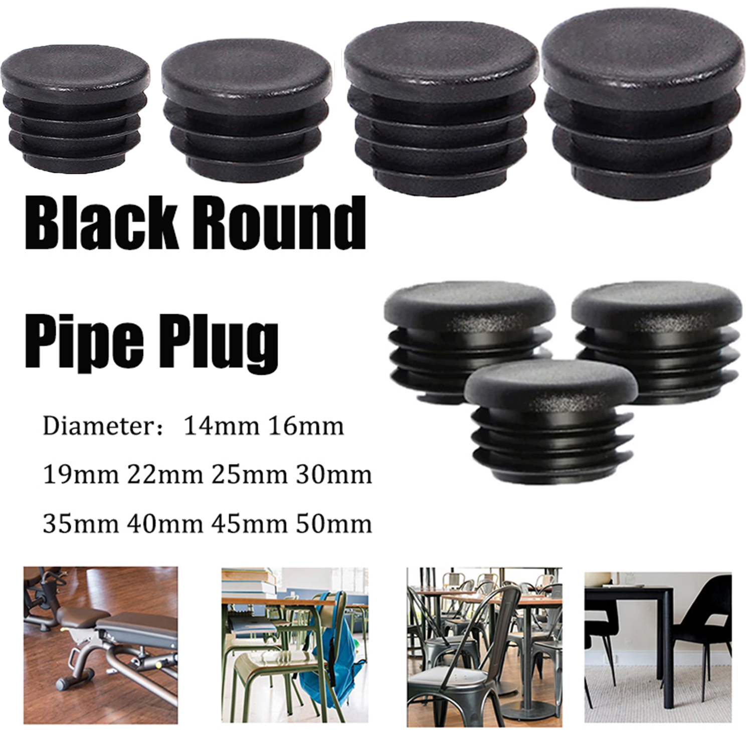 Black Plastic Round Blanking End Caps For Pipes/Tubes – Assorted Sizes