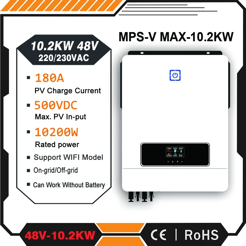 Hybrid inverter 10.2KW-DC48V On/Off có lưu trữ model 2024-AC230V Sạc MPPT180A Đầu vào PV kép tối đa 