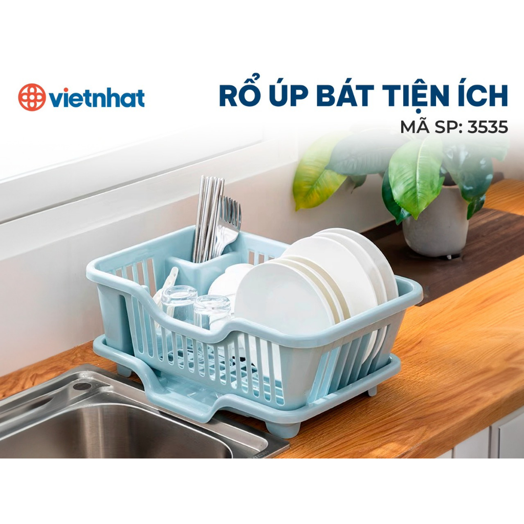 Giá úp bát đĩa, dụng cụ nhà bếp có khay thoát nước tháo rời tiện dụng. Rổ úp bát đĩa có khay thoát nước tháo rời nhựa Việt Nhật 3535
