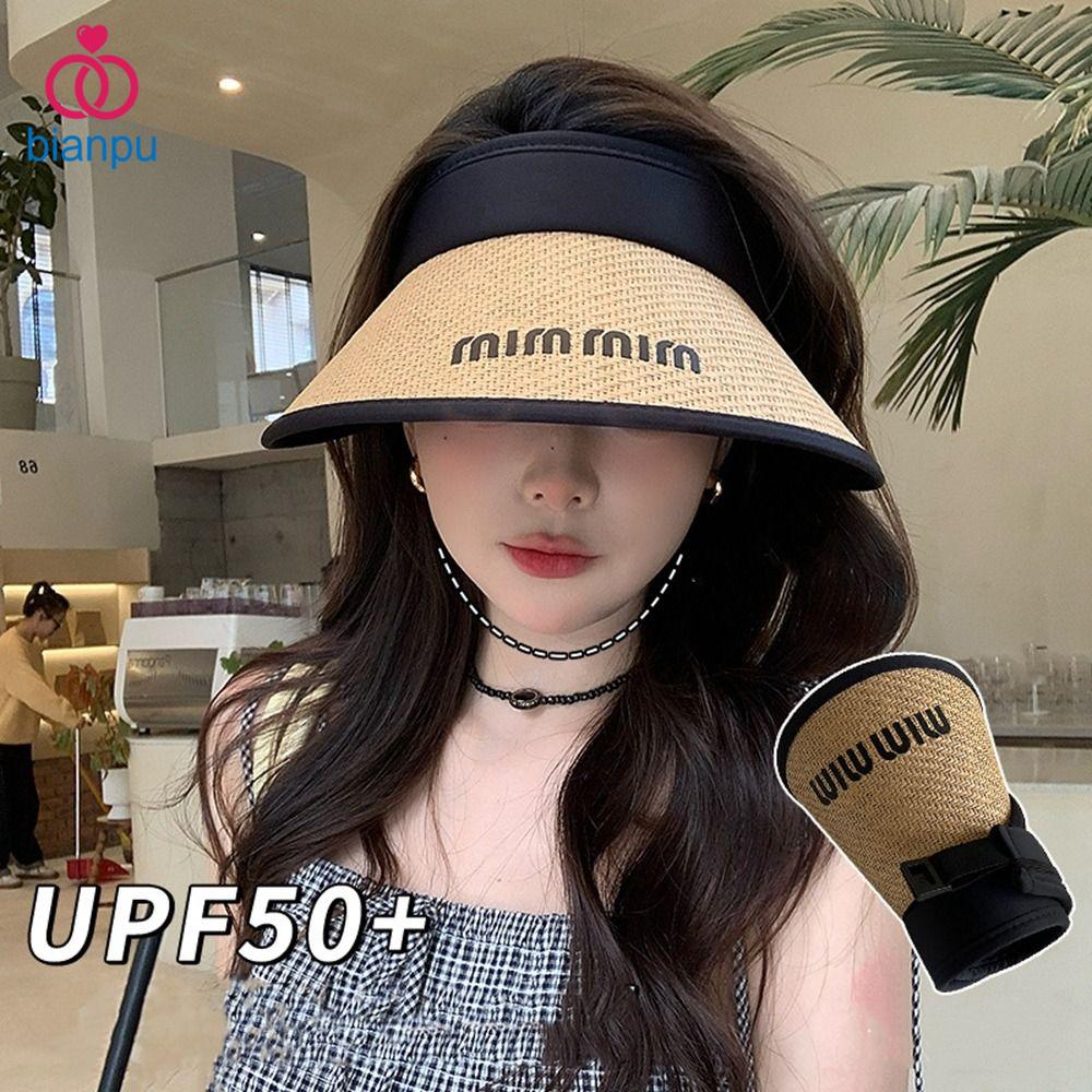 BIANPU Chống tia UV Mũ chóp rỗng chống nắng Vành Lớn Tấm Che Nắng Mũ Rơm che nắng mùa hè Mùa hè Chữ cái Mũ Lưỡi Trai Cô Gái
