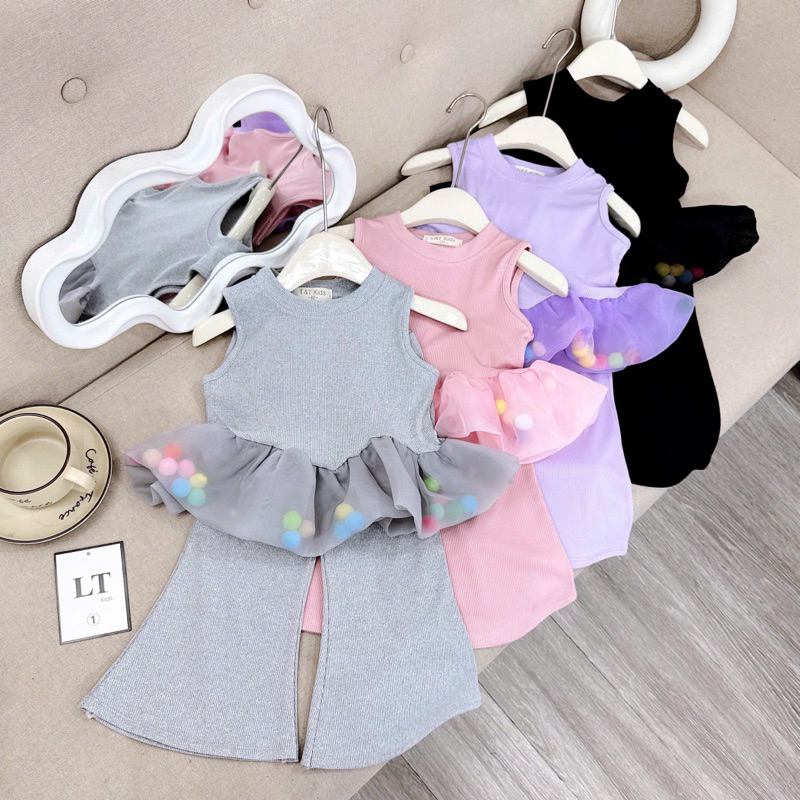M01, Bộ quần áo bé gái, Set áo babydoll cục bông kèm quần ống loe cho bé gái