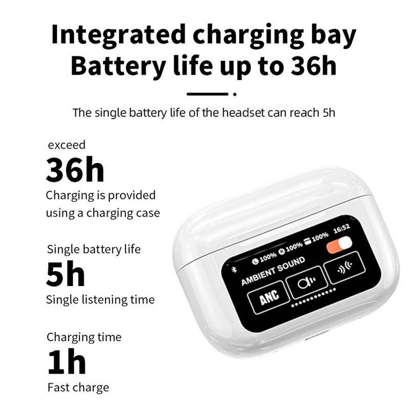 A9pro Bluetooth earphones with LCD screen, wireless active noise reduction, ultra long battery life, and high battery power