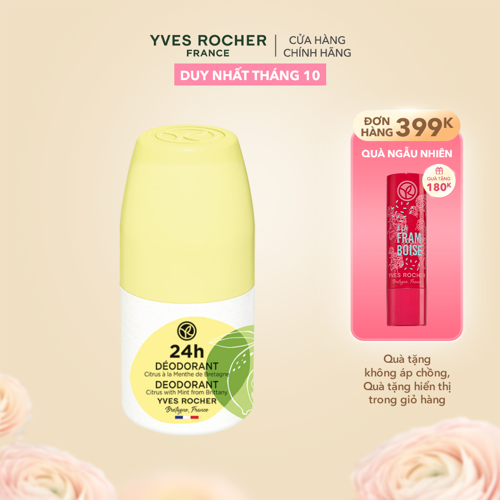 Lăn khử mùi ngăn mùi suốt 24H hương chanh & bạc hà Yves Rocher 24H Deodorant Citrus With Mint 50ml