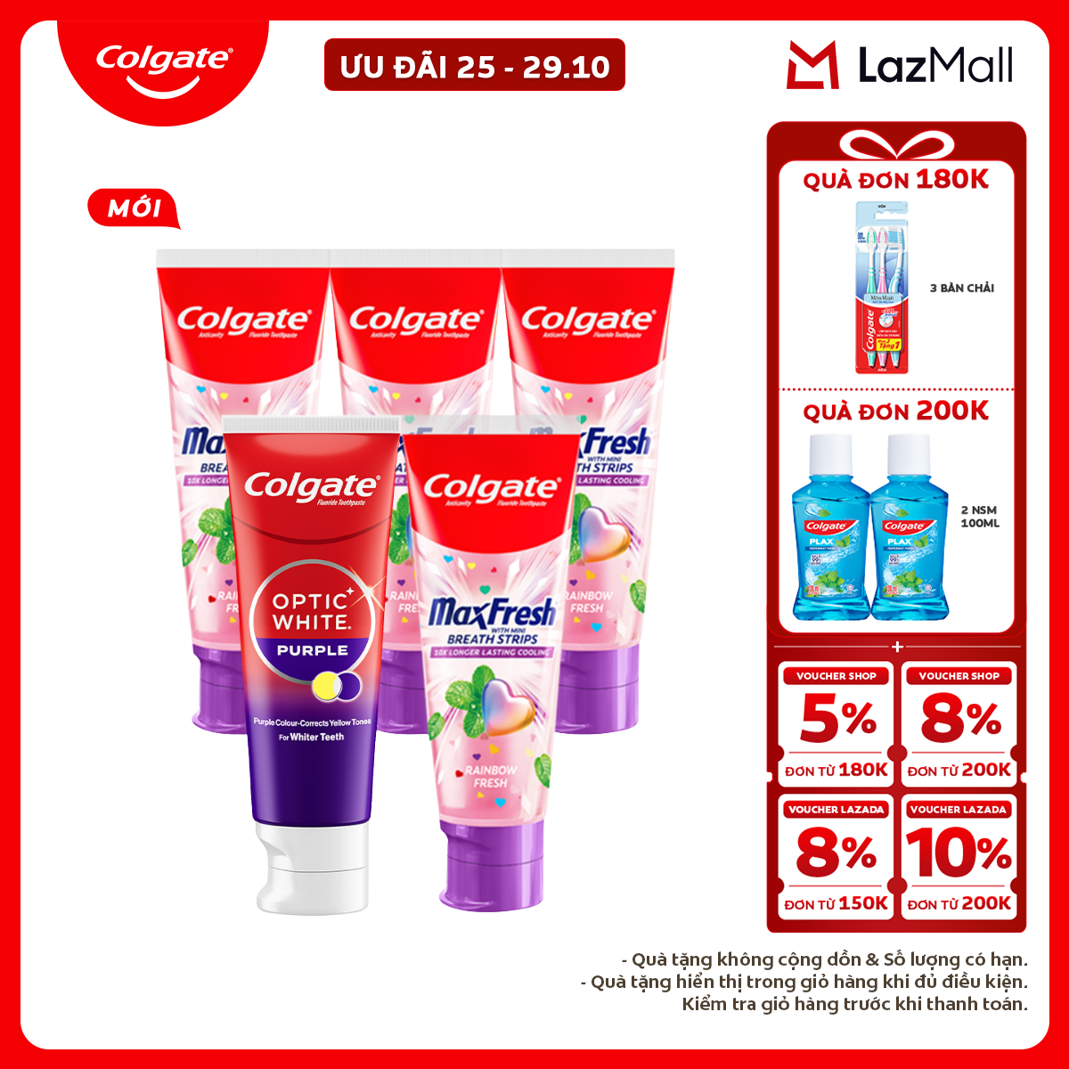 Combo Kem đánh răng Colgate MaxFresh Hương nhiệt đới, cầu vồng the mát 100G  Kem Đánh Răng Colgate trắng răng Optic White Purple 100g - công nghệ sắc tím, trung hòa sắc vàng cho răng trắng sáng, an toàn cho men răng