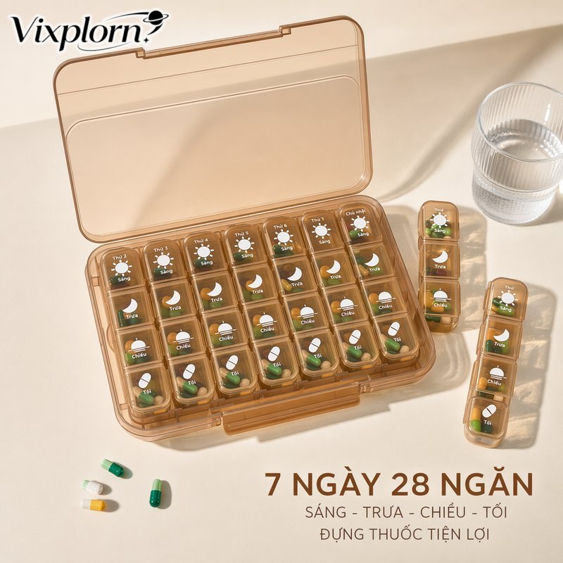 Vixplorn hộp chia thuốc 28 ngăn hộp thuốc nhựa pp trong suốt khóa gài kín chống thấm nước bỏ túi du lịch gia đình