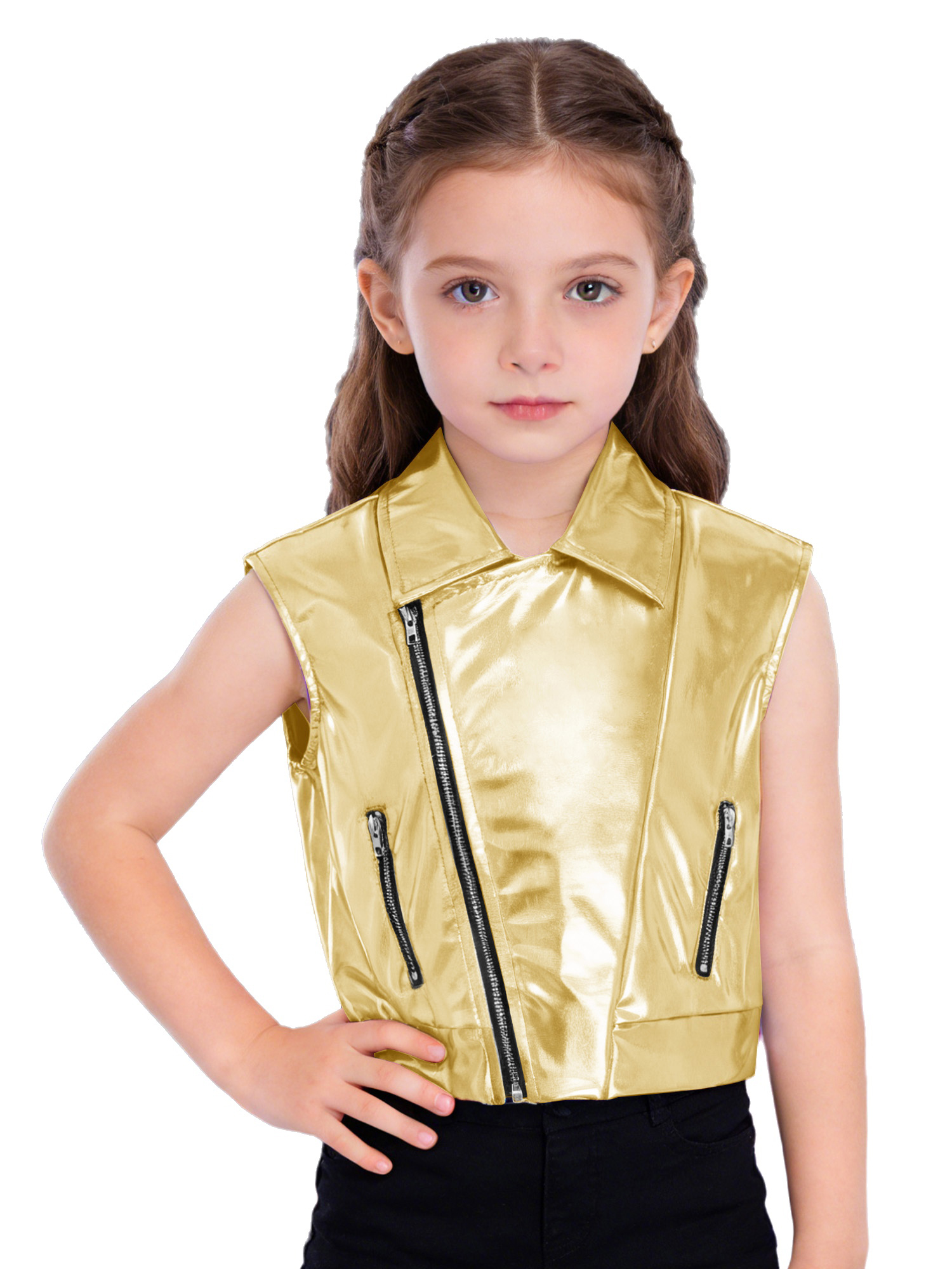 YiZYiF Unisex Kids Boys Girls Zipper Metallic Jacket Turn-Down Collar Vest Sleeveless Outerwear for Hip Hop Dance Party Stage Performance - 2