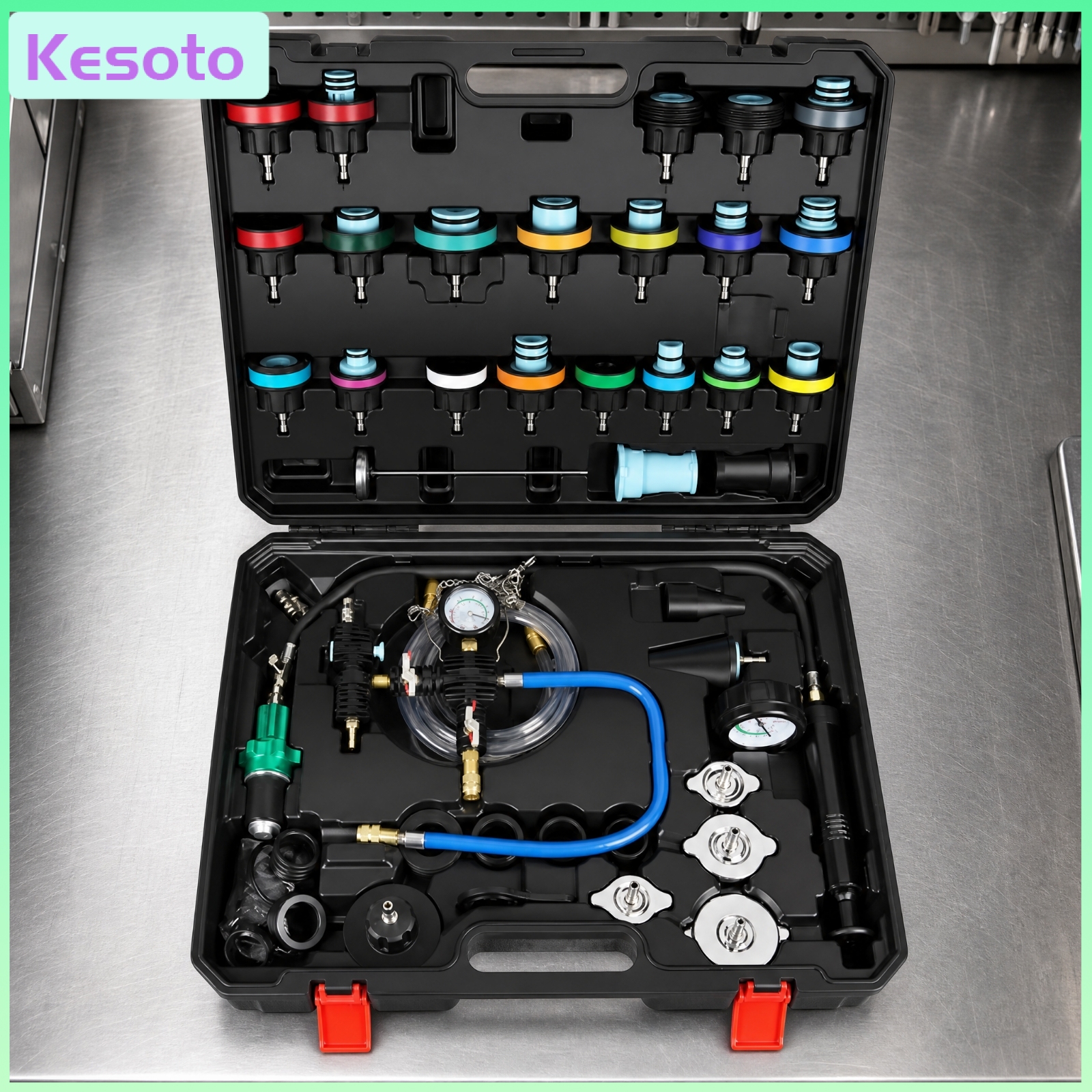 อุปกรณ์และชิ้นส่วนยานยนต์ Kesoto 46 ชิ้น การทดสอบแรงดันเครื่องทำความร้อนแบบพกพาและเครื่องมือบริการน้ำหล่อเย็นจัดชุดบริการน้ำหล่อเย็นพร้อมกระเป๋าพกพา ระบบทำความเย็นที่เป็นประโยชน์ เครื่องมืออพยพอากาศพร้อมเกจสำหรับกลศาสตร์ยานยนต์ ราคา 18,147 บาท*ส่งฟรี