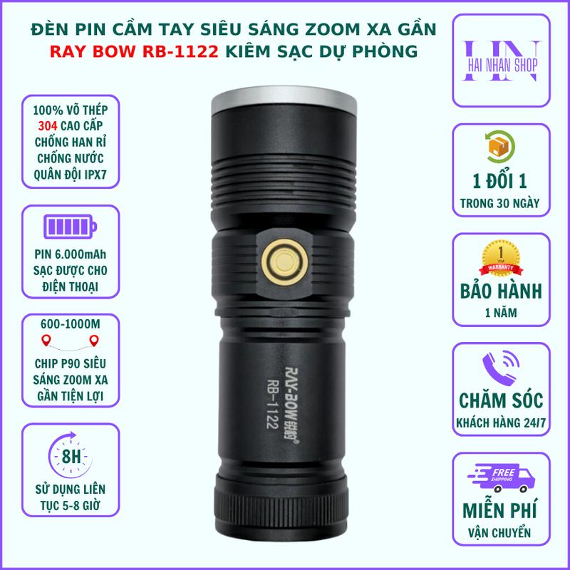 Đèn pin siêu sáng RB 1122  - Chiếu xa 700-1000M.  Pin trâu - Chống nước - Kiêm sạc dự phòng