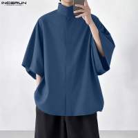 เสื้อ INCERUN สำหรับผู้ชายลำลองฤดูร้อนธรรมดาครึ่งคอสูงแขนเสื้อสไตล์เกาหลีมีกระดุมครึ่งตัว #F