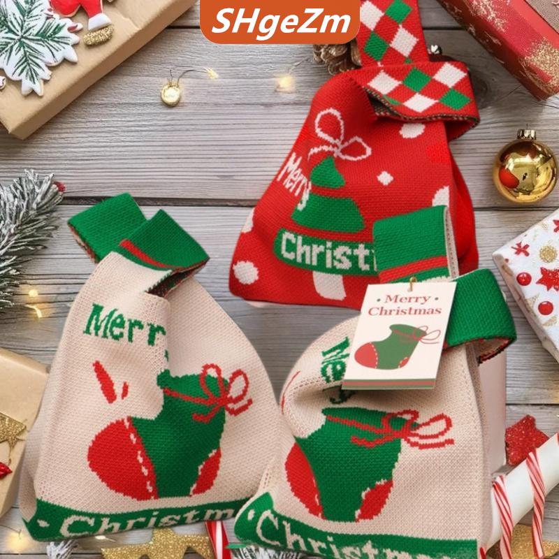 [COD] SHgeZm Giáng sinh lưu trữ túi nút cổ tay Túi xách Santa Claus Dệt Kim Kẹo Túi tote giản dị Túi tái sử dụng mua sắm Túi Quà Tặng Bao bì túi