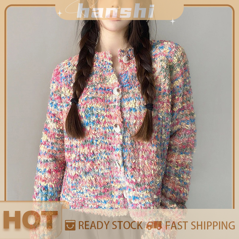 hanshi [2023 new HOT FASHION] Cầu Vồng ngọt ngào Cardigan Phụ Nữ Dệt Kim mùa thu thanh lịch áo len giản dị outwear