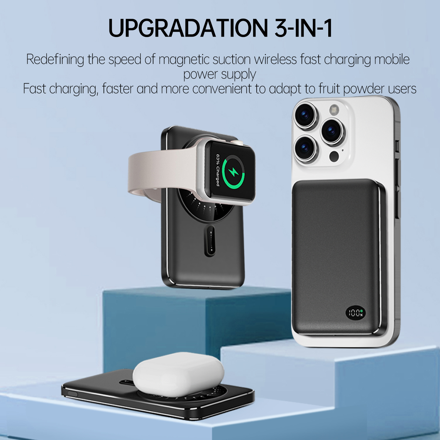 Zeallion 3in1 Wireless Power Bank Ultra Thin Magsafe Suction External Battery Fast Charging Mobile Power Supply for iPhone iWatch