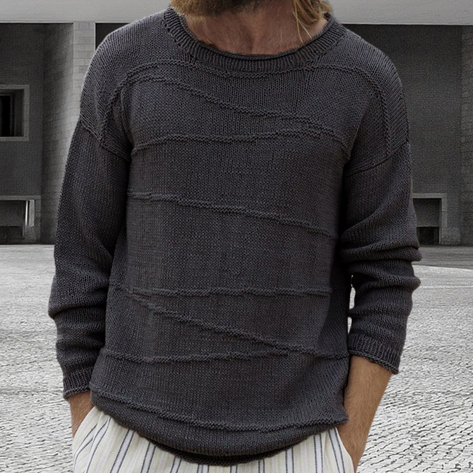 Men Solid Color Sweater Ribbed Cuff Sweater Cozy Men's Winter Sweater Loose Fit Ribbed Cuffs and O-neck Design Perfect771_voghion.com