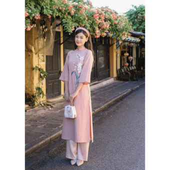 Áo Dài suông chất liệu linen tơ thêu hoa nổi - Hồng phấn | Hà Cúc