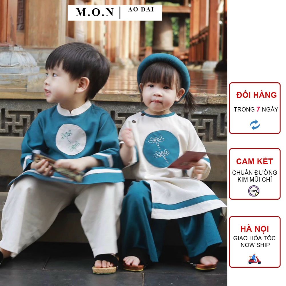 Set cặp đôi áo dài anh em chất liệu linen xanh