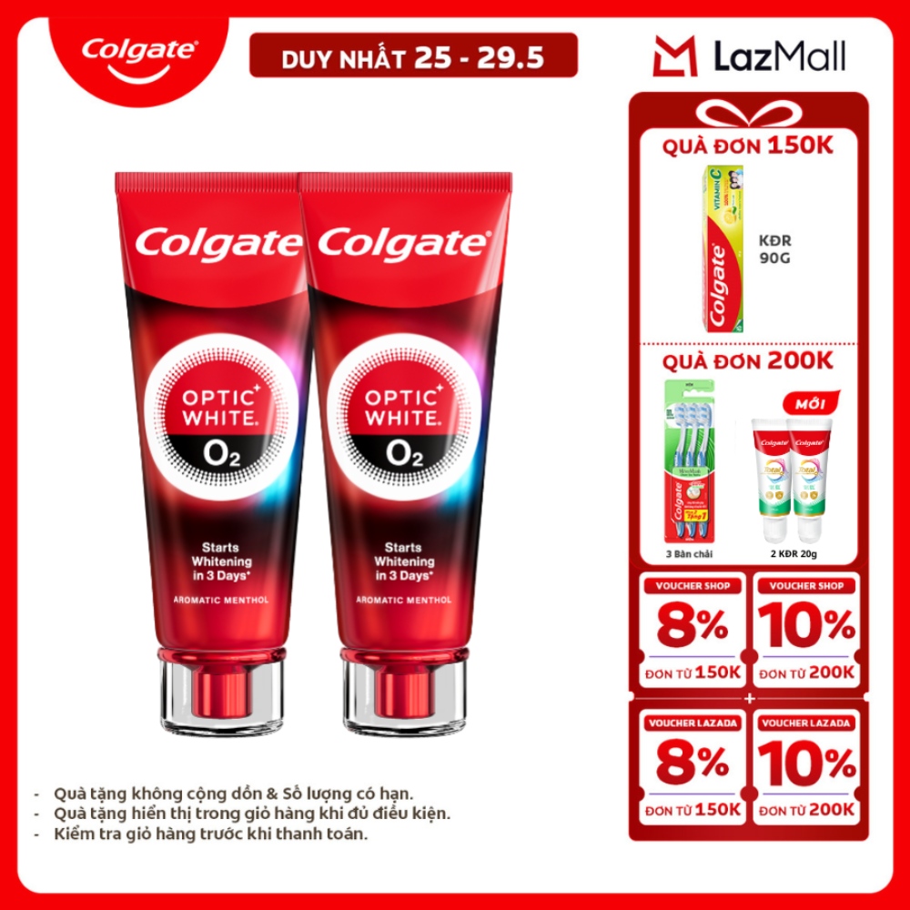 [Chỉ 25-29.5_X2 Voucher giảm 20%] Bộ 2 Kem Đánh Răng Colgate trắng răng đột phá CHỈ TRONG 3 NGÀY Optic White O2 với Oxy Hoạt Tính 85g/ tuýp