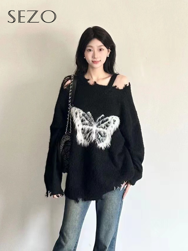 SEZO Korean Women s Clothing Y2k Loose and Torn Open Shoulder Design