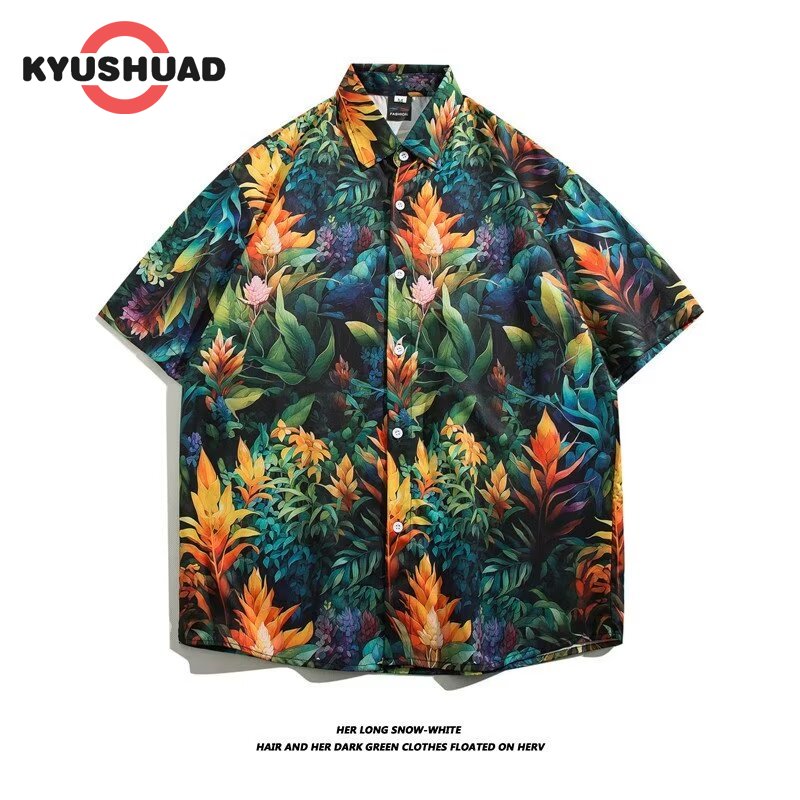 KYUSHUAD Men's shirt - Full print floral short-sleeved shirt Summer style vintage half-sleeved beach shirt Hawaiian Water Festival shirt ราคา 186 บาท*ส่งฟรี
