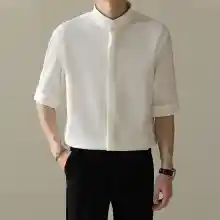 ภาพขนาดย่อสินค้าเสื้อเชิ้ตคอจีนผู้ชายฤดูร้อนเกาหลีสลิมฟิตแขนสั้นเสื้อเชิ้ตลำลองผู้ชาย เสื้อคอจีนชาย