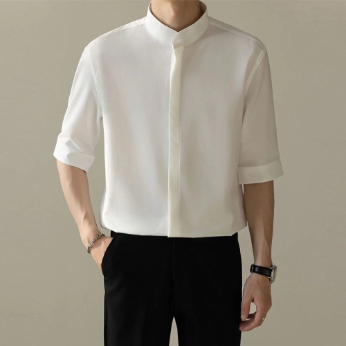 เสื้อเชิ้ตคอจีนผู้ชายฤดูร้อนเกาหลีสลิมฟิตแขนสั้นเสื้อเชิ้ตลำลองผู้ชาย เสื้อคอจีนชาย