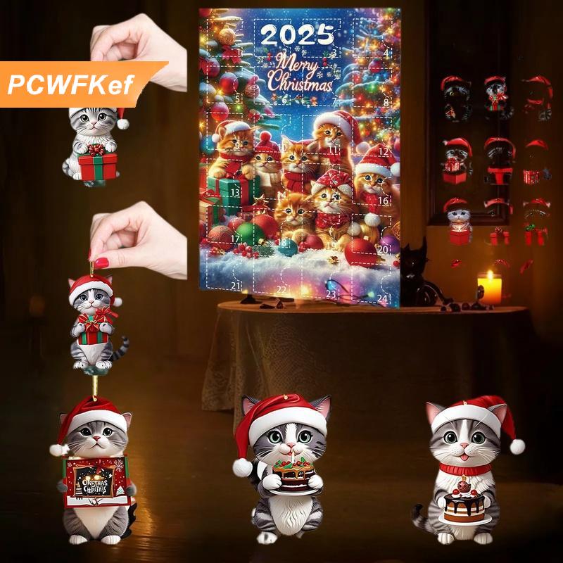 【PCWFKef】 จี้อะคริลิครูปแมว2025 2D ตกเเต่นต้นคริสต์มาส24วันนับถอยหลังปฏิทินคริสต์มาสของขวัญสำหรับคนรักแมว ราคา 215 บาท*ส่งฟรี