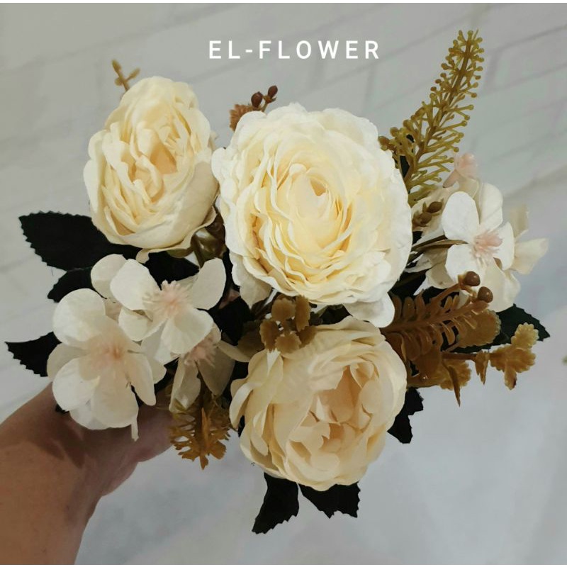 Peony Rustic 3 kuntum + aksesoris premium bunga artificial dekorasi seserahan