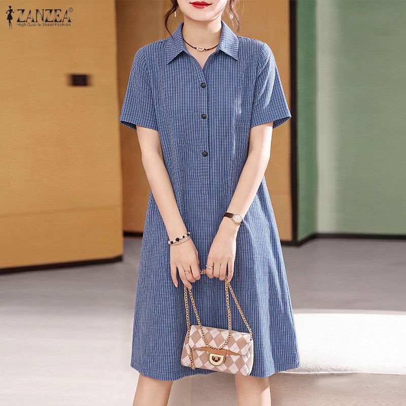ZANZEA Korean Style Women Summer Plaid Printed Dresses Lapel Short Sleeve Half-Button Knee Length Dress #0817