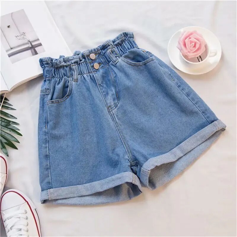 Ruffles Denim Shorts Elastic Waist Korean Fashion Wide Leg Shorts A-line Hot Pants High Waisted Shorts Jean Shorts For Women 5XL chengqian