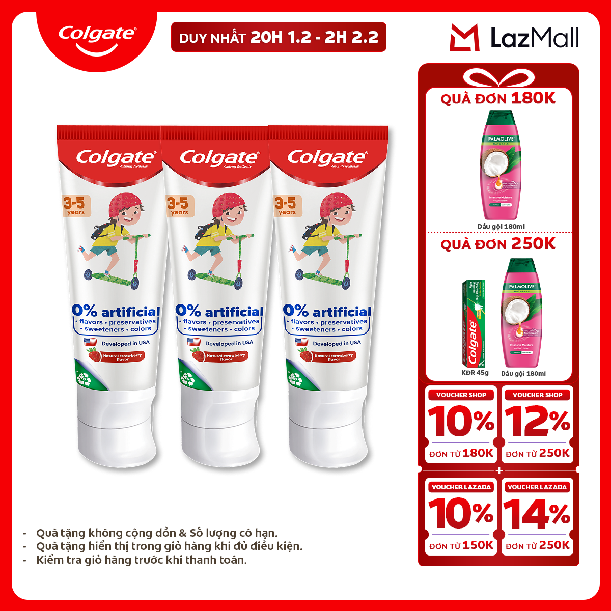 [Chỉ 20H 1.2 - 2H 2.2_X2 Voucher giảm 26%] Bộ 3 Kem đánh răng Colgate Kid Free From cho trẻ em 3-5 t