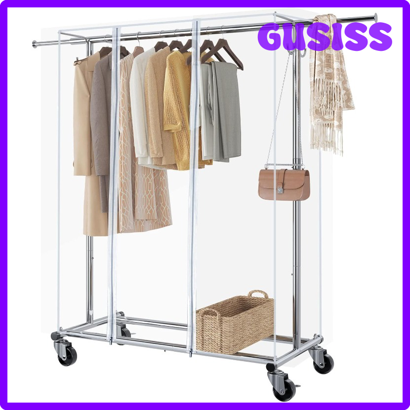 [GUSISS] Clothes Rack with Cover, Adjustable Garment Rack with Wheels, Heavy Duty Clothing Rack with Extendable ✬✫✩ ราคา  2,722 บาท*ส่งฟรี