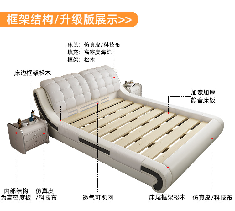 Leather bed master bedroom 1.8m double bed modern simple tatami bed storage wedding bed European style furniture · v2