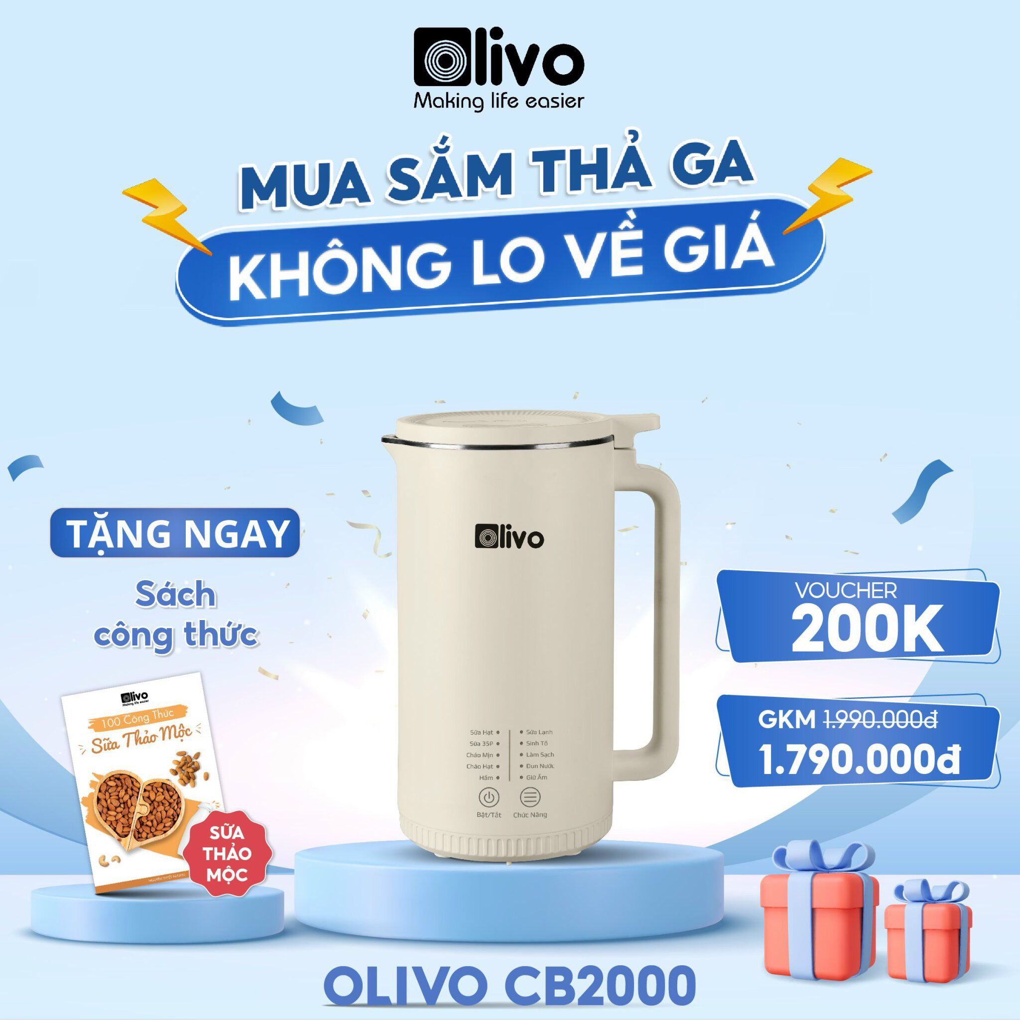 Máy Làm Sữa Hạt Mini OLIVO CB2000 Xay Nấu Đa Năng, Dung Tích 1000ML
