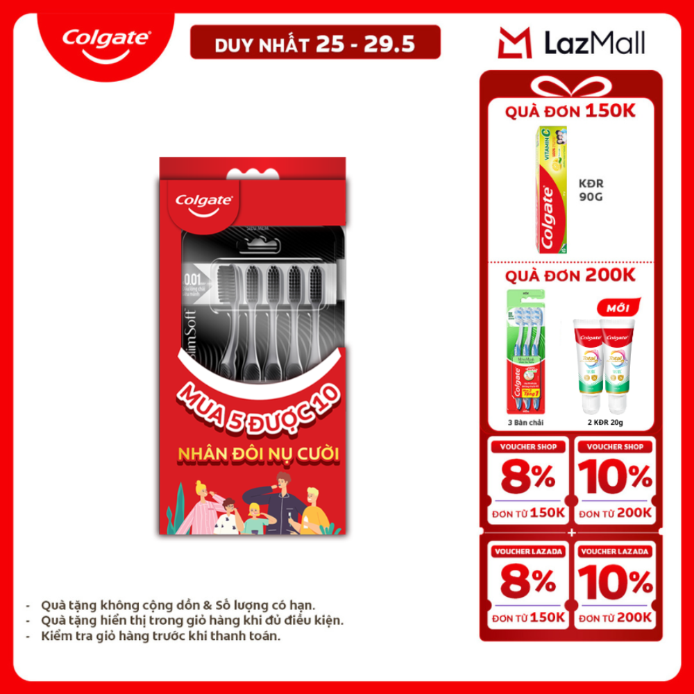 [Chỉ 25-29.5_X2 Voucher giảm 20%] [Tặng 5 bàn chải] Bộ 5 Bàn chải Colgate SlimSoft Charcoal than hoạt tính kháng khuẩn