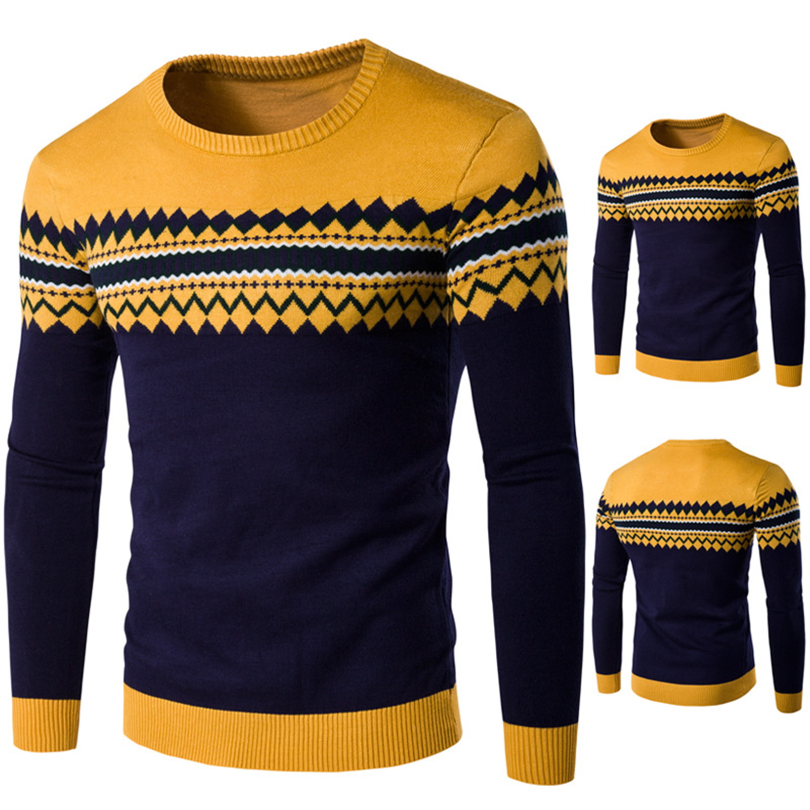 Trendy Round Neck Striped Sweater Men Loose Fit Sweater Men's Winter Sweater Classic Crew Neck Long Sleeve Thick Warm6_voghion.com